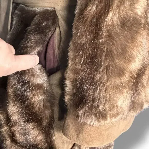 Vintage 70s Tocci England Faux Fur Suede Leather Belted Coat Burgundy Lined - Picture 5 of 16